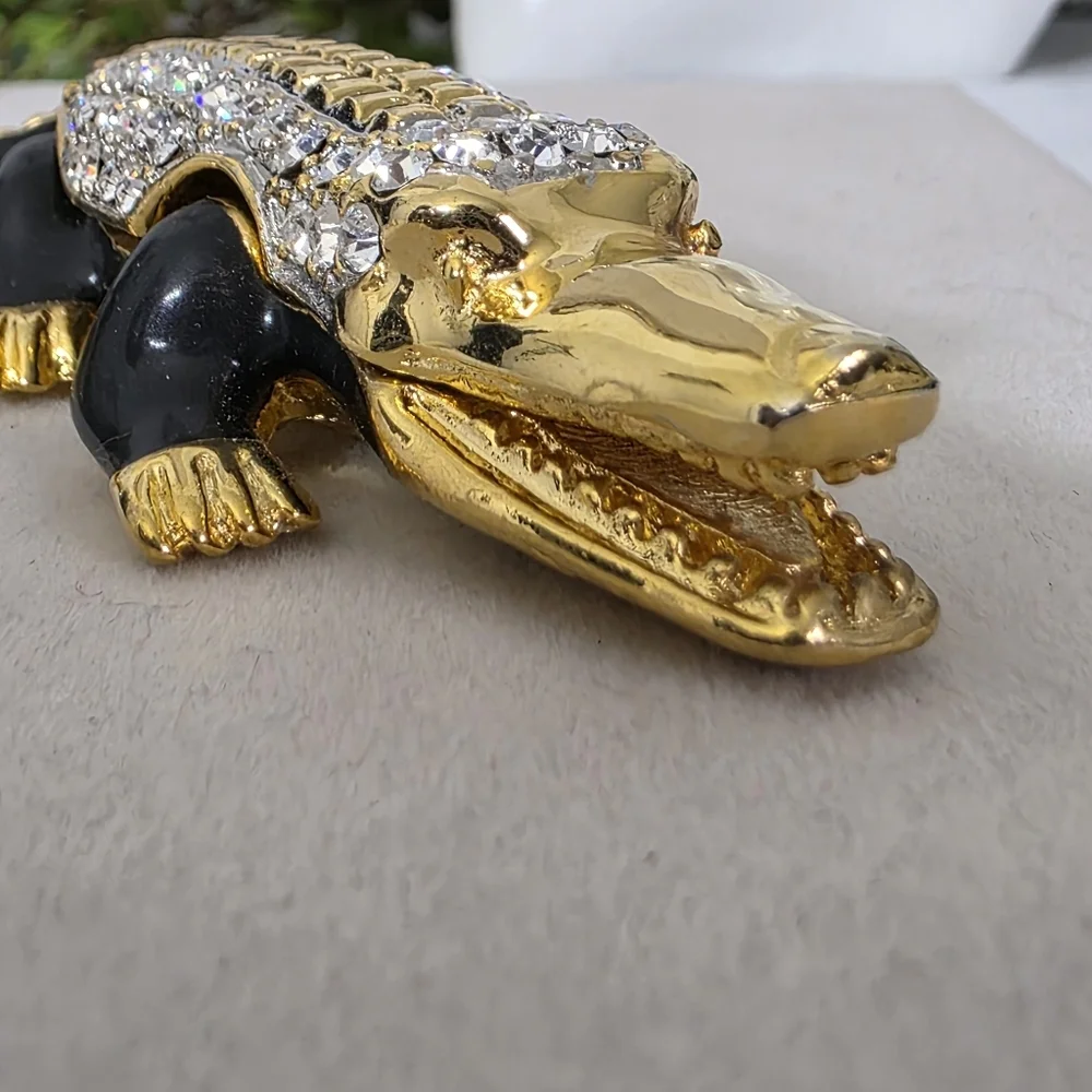Gold with Cubic Zirconia Alligator Crocodile Trinket Box